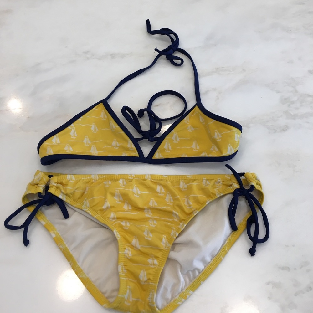 Aqua Girls' Yellow/Blue W/ White Nautical Print Triangle Top 2 Pc Bikini-Size 14